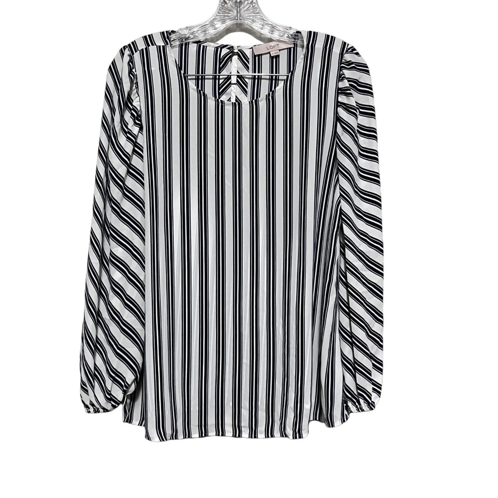 LOFT Blouse Womens Black White Striped Long Sleeve Keyhole Back Top Size M